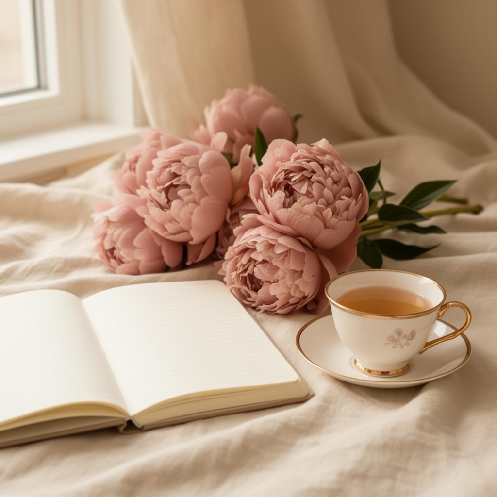 A quiet space for healing — journal, peonies, and tea